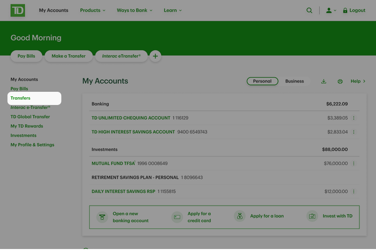 Canadian online banking transaction interface