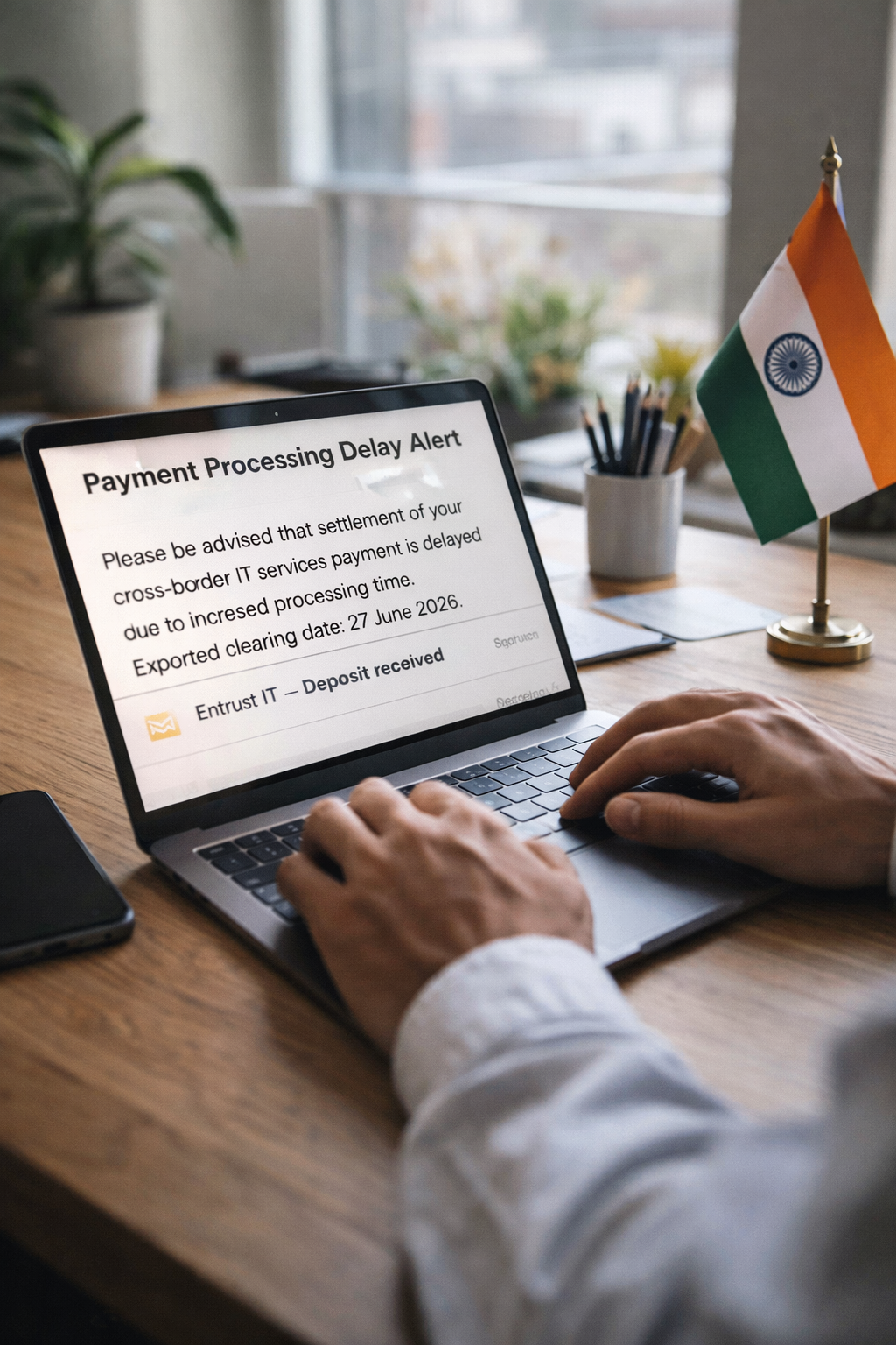 Indian IT freelancer reviewing cross-border payment processing delay on laptop
