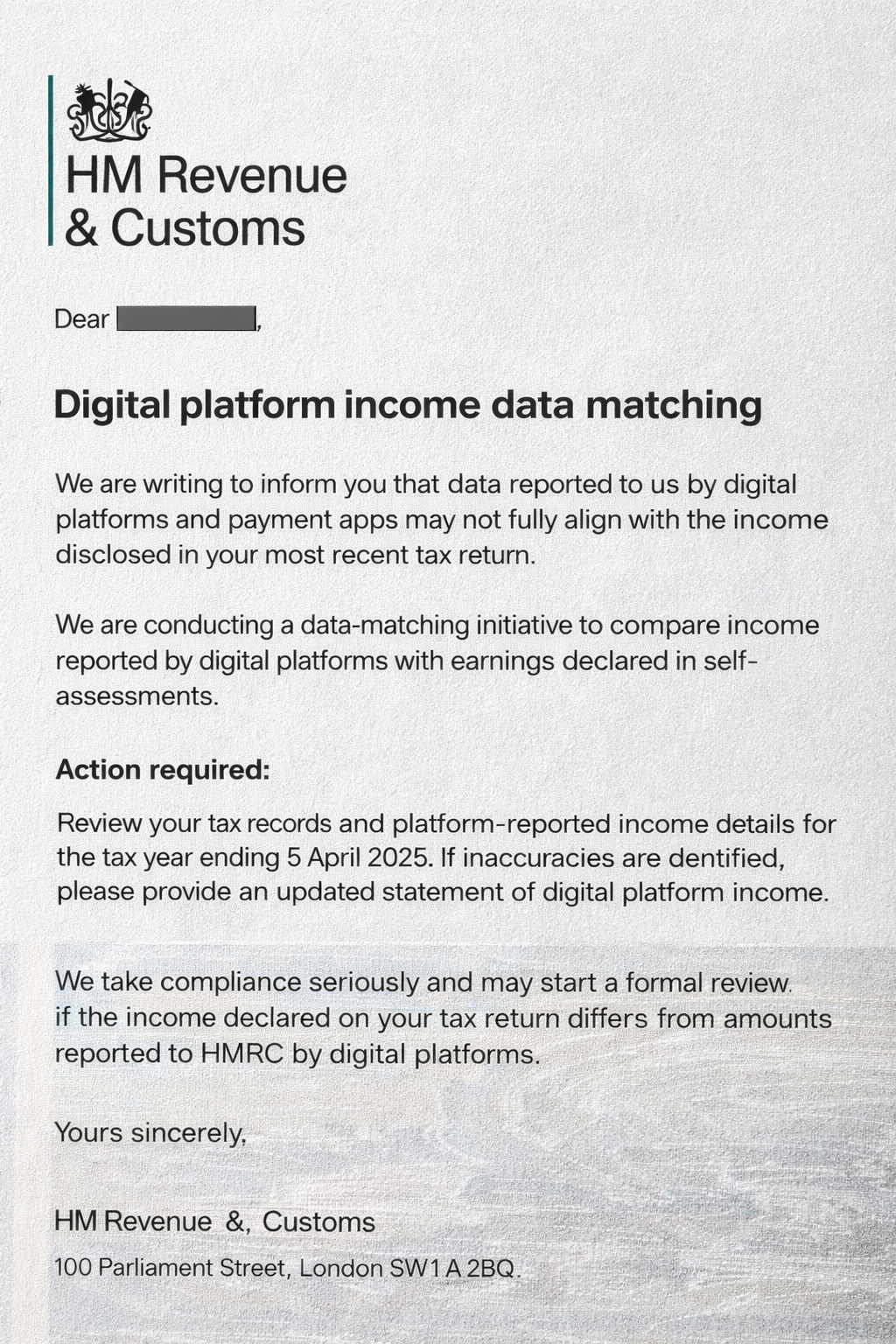 HMRC notice regarding digital platform income data matching initiative