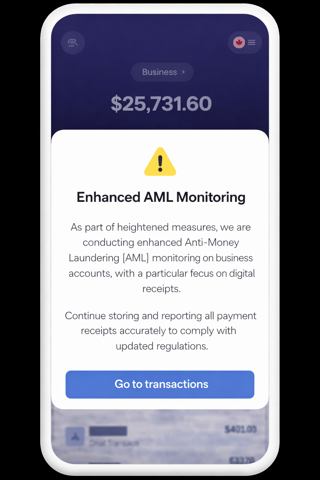 Canadian business banking alert showing enhanced AML monitoring on digital receipts