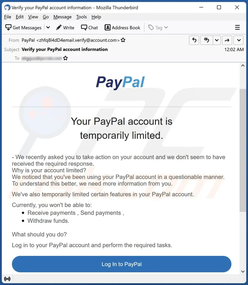 PayPal account limitation notice showing compliance review or payout hold message