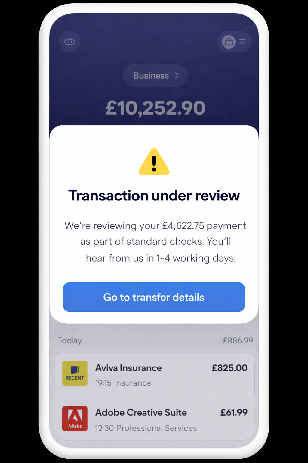 Wise transaction under review notification showing extended review window for cross-border business transfer