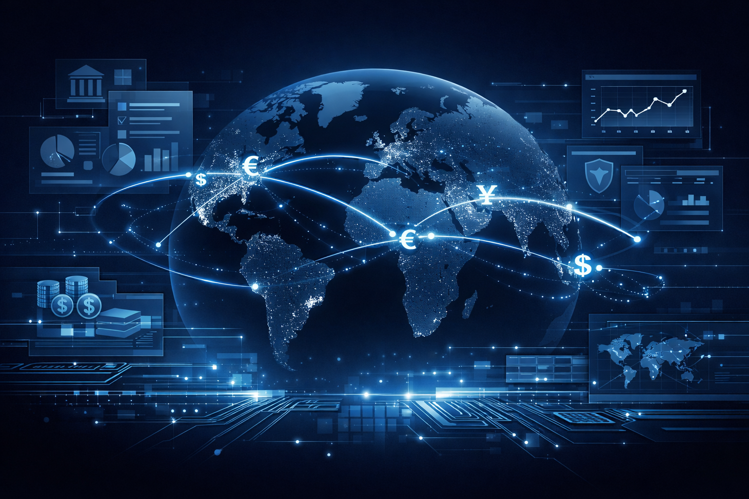Global financial infrastructure networks showing cross-border payment systems, settlement rails, and regulatory oversight affecting freelance income