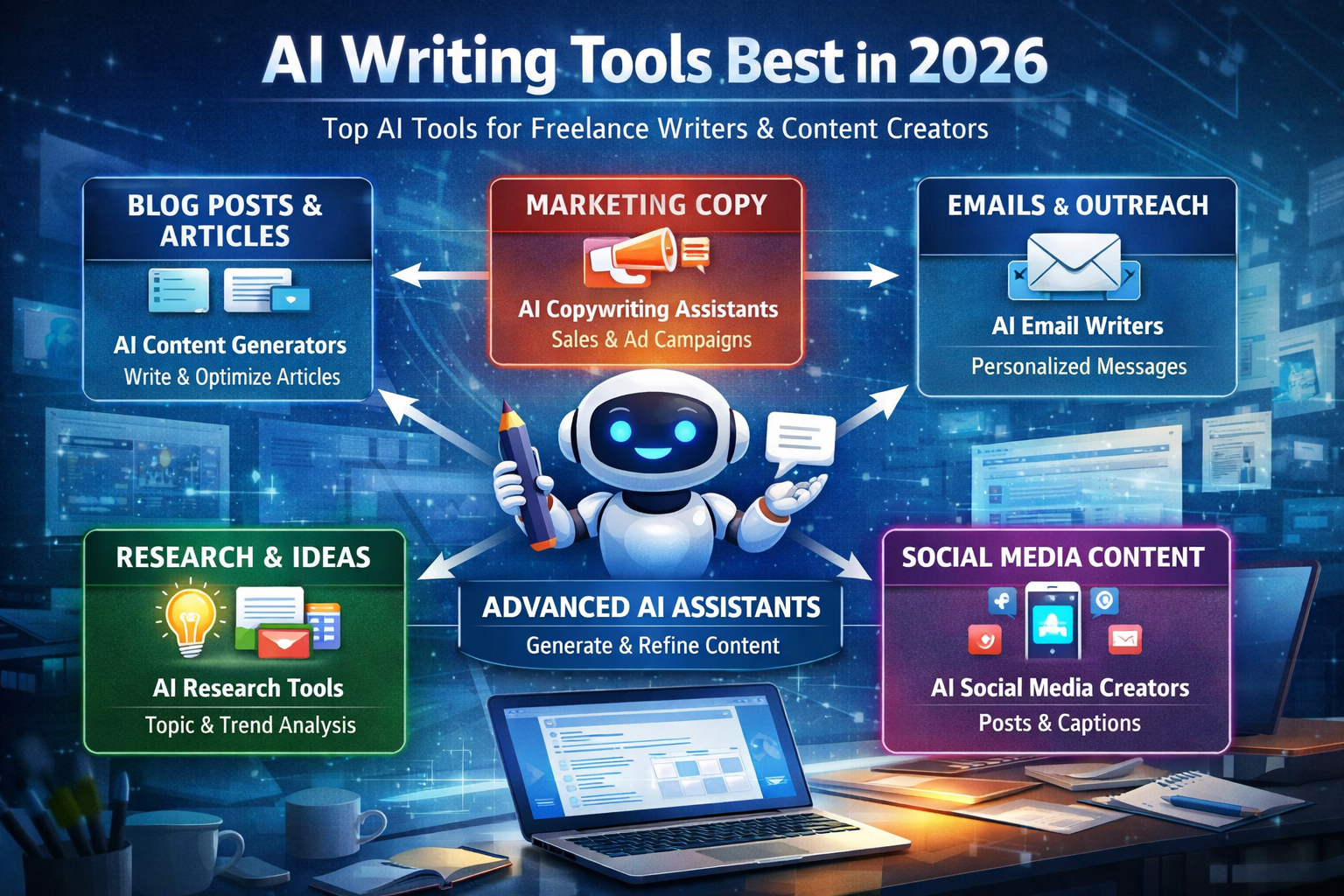 AI writing tools ecosystem for freelancers including blog writing marketing copy email outreach research and social media content creation