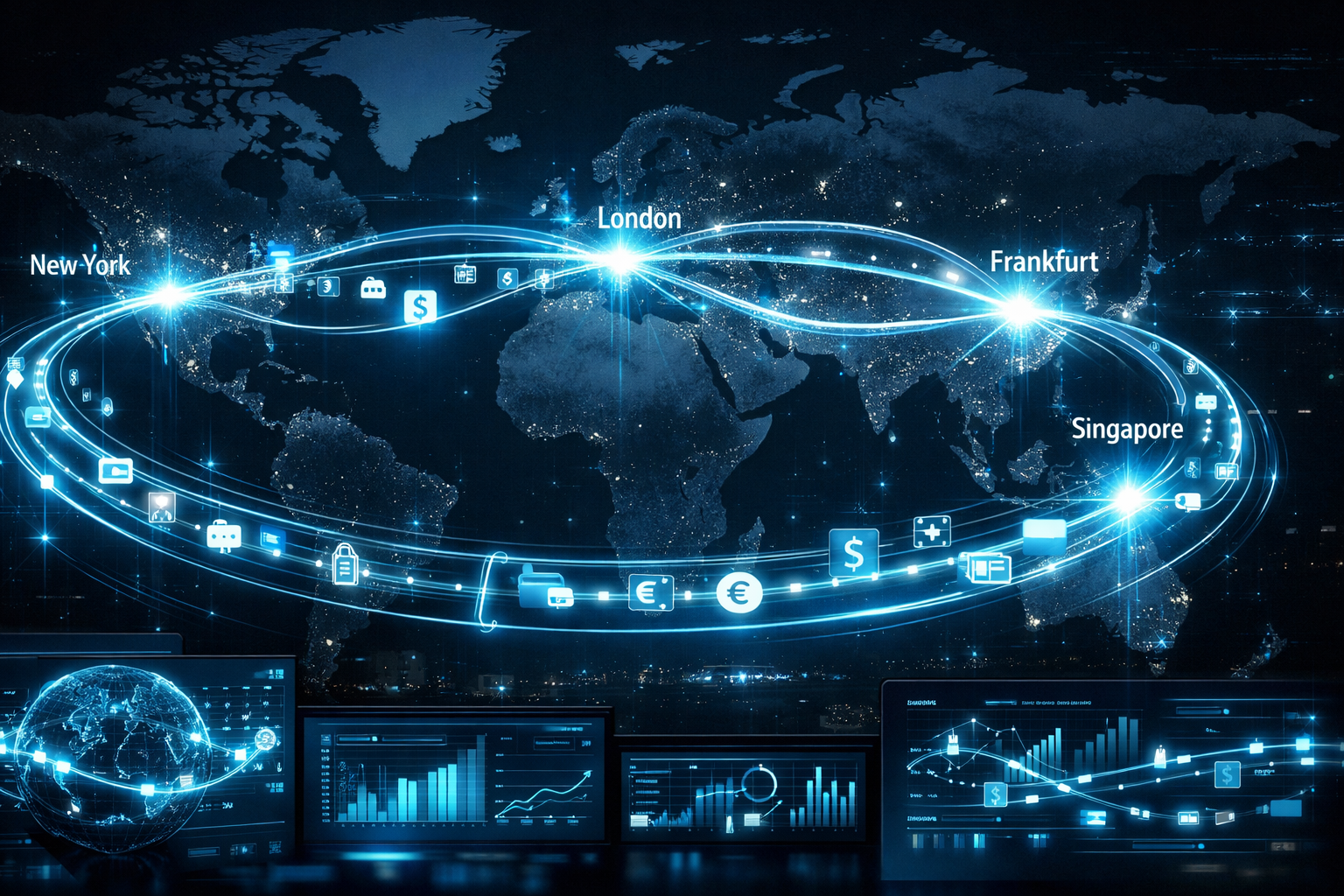 Global cross-border payment infrastructure networks connecting financial hubs and digital settlement rails supporting freelance payments