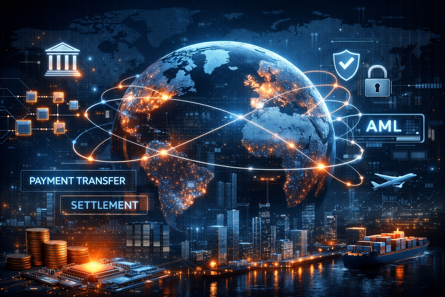 global financial infrastructure showing real-time payment systems and cross-border settlement networks