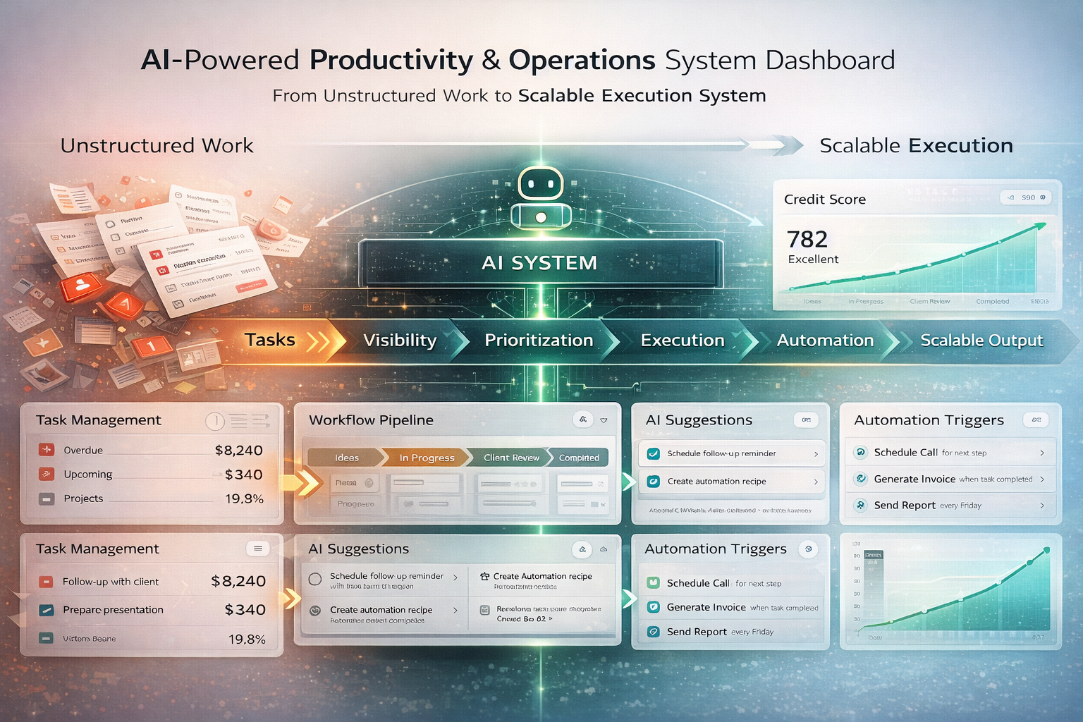 AI productivity and operations system for freelancers showing workflow automation task prioritization execution system and scalable output