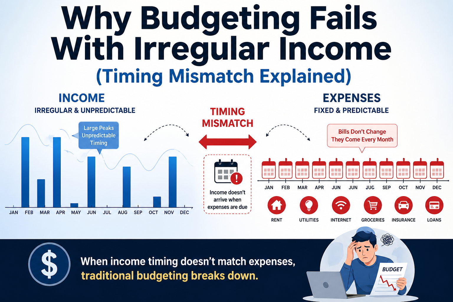 why budgeting fails with irregular income showing timing mismatch between unpredictable income and fixed monthly expenses