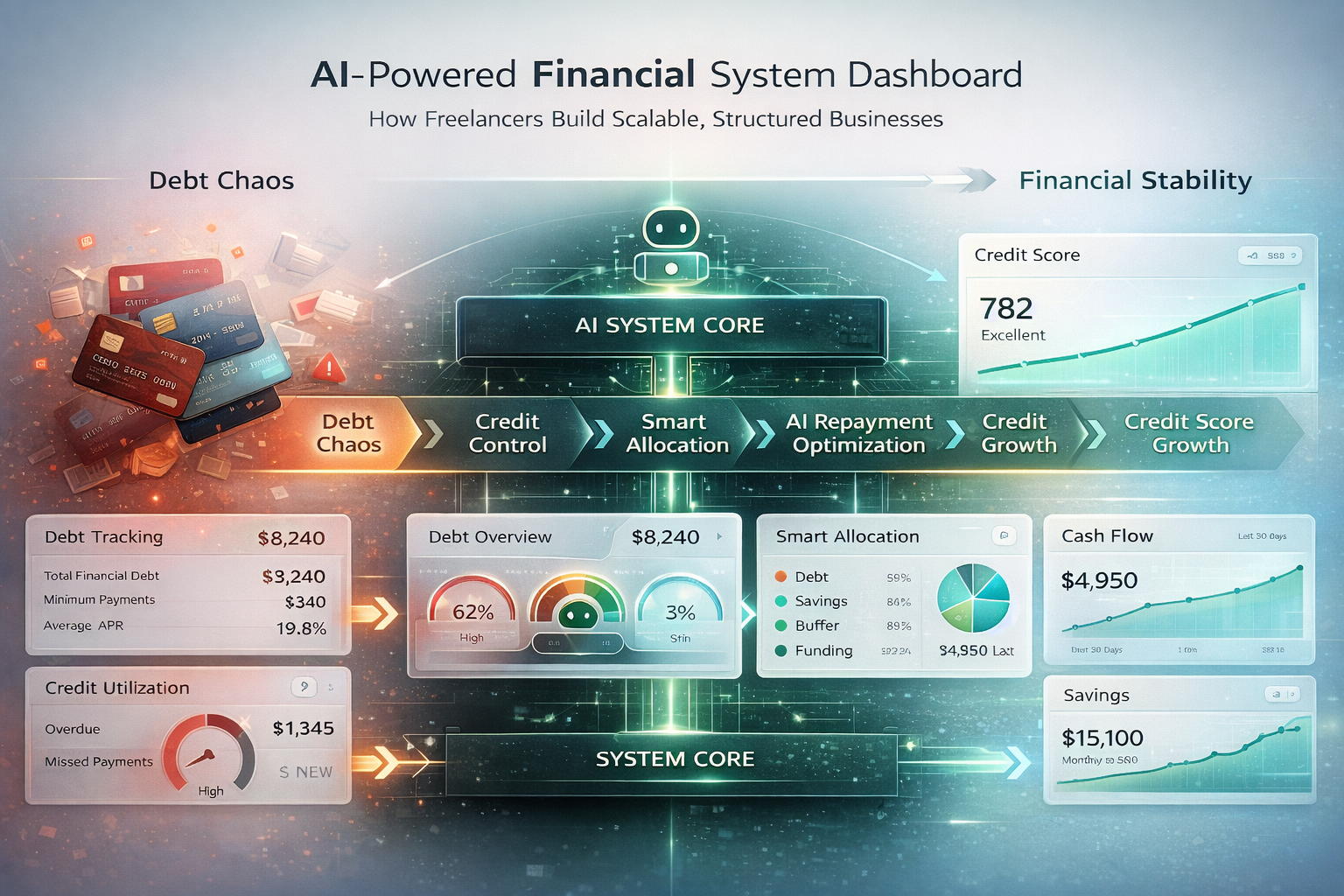 AI debt and credit optimization system for freelancers showing structured repayment, risk control, and credit behavior management under irregular income