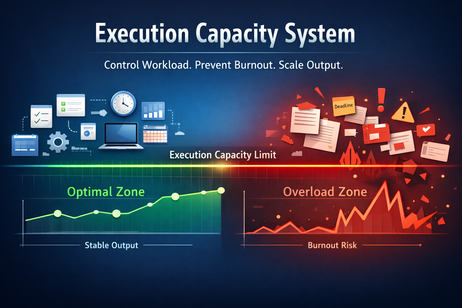 AI execution capacity system for freelancers showing workload management, throughput control, and burnout prevention