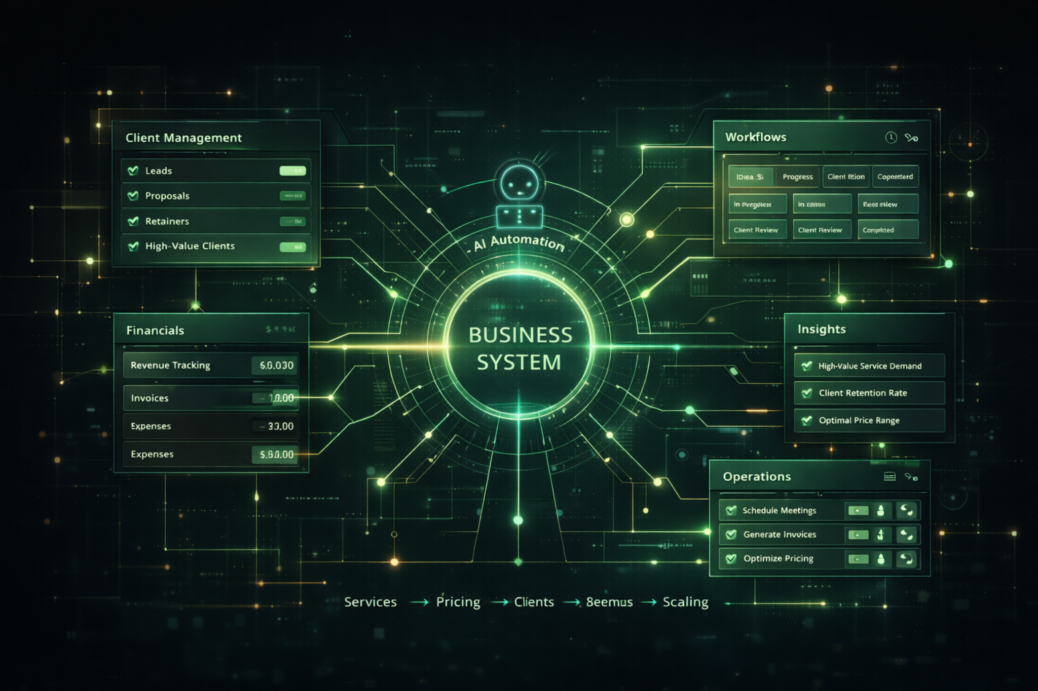 AI freelancer business system dashboard showing centralized control, client workflows, financial tracking, and scalable business operations