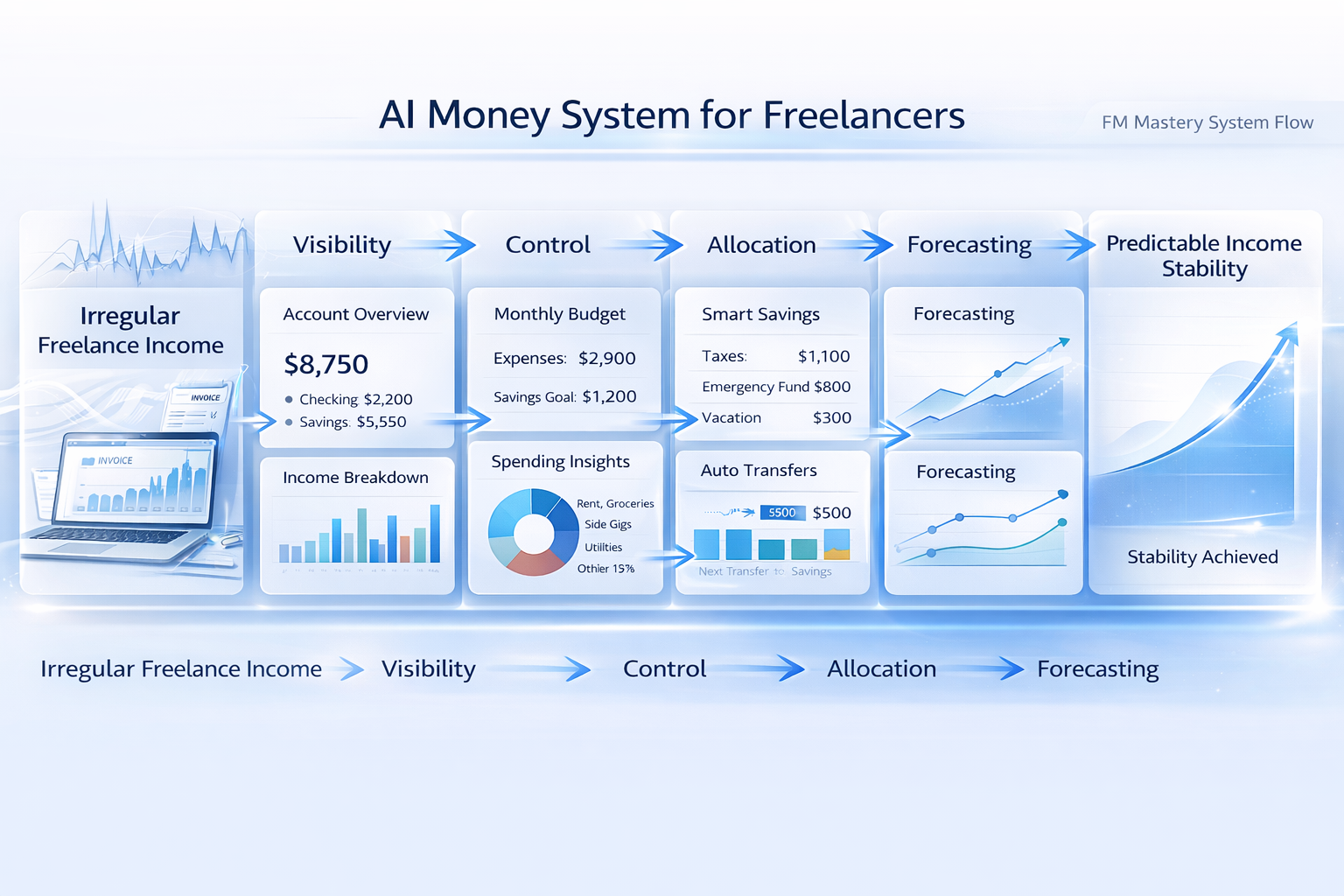 AI-powered money management system for freelancers showing flow from irregular income to financial stability through visibility, control, allocation, and forecasting