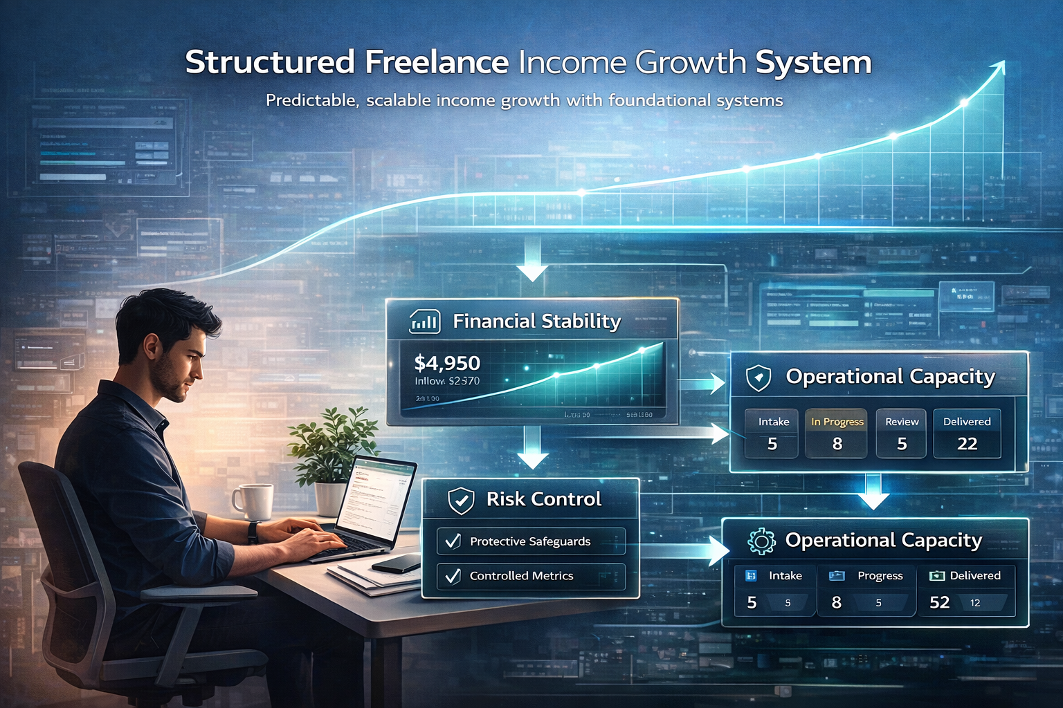 AI smart income growth system for freelancers showing structured financial layers stability risk control capacity and scalable income growth