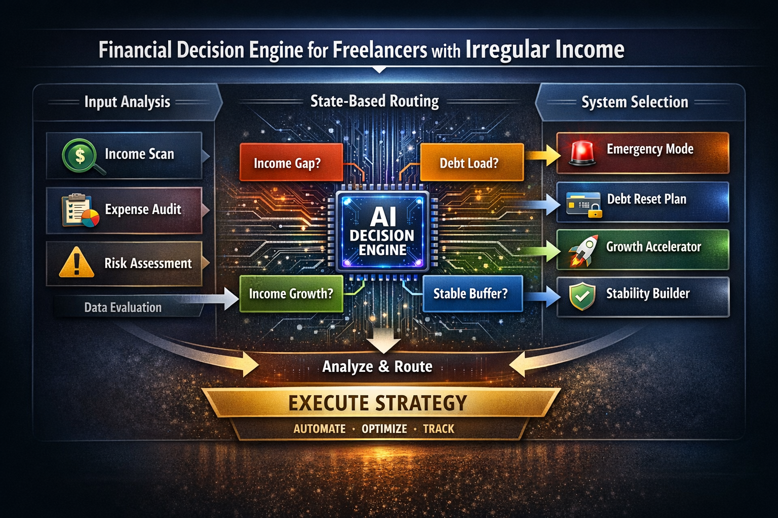 financial decision engine for freelancers with irregular income showing system flow and state-based routing