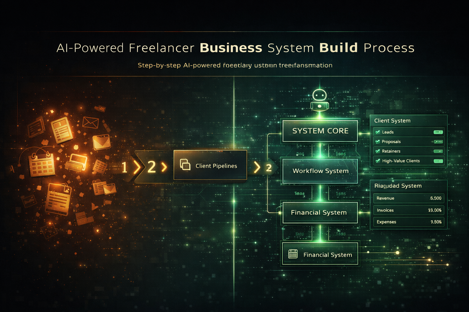AI-powered freelancer business system build process showing transformation from scattered tasks into structured workflows, client pipelines, and financial systems