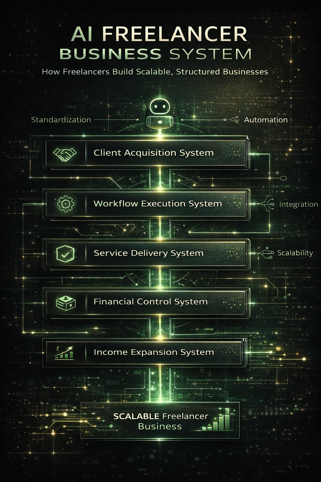 freelancer business system components including client acquisition, workflow execution, service delivery, financial control, and income expansion systems