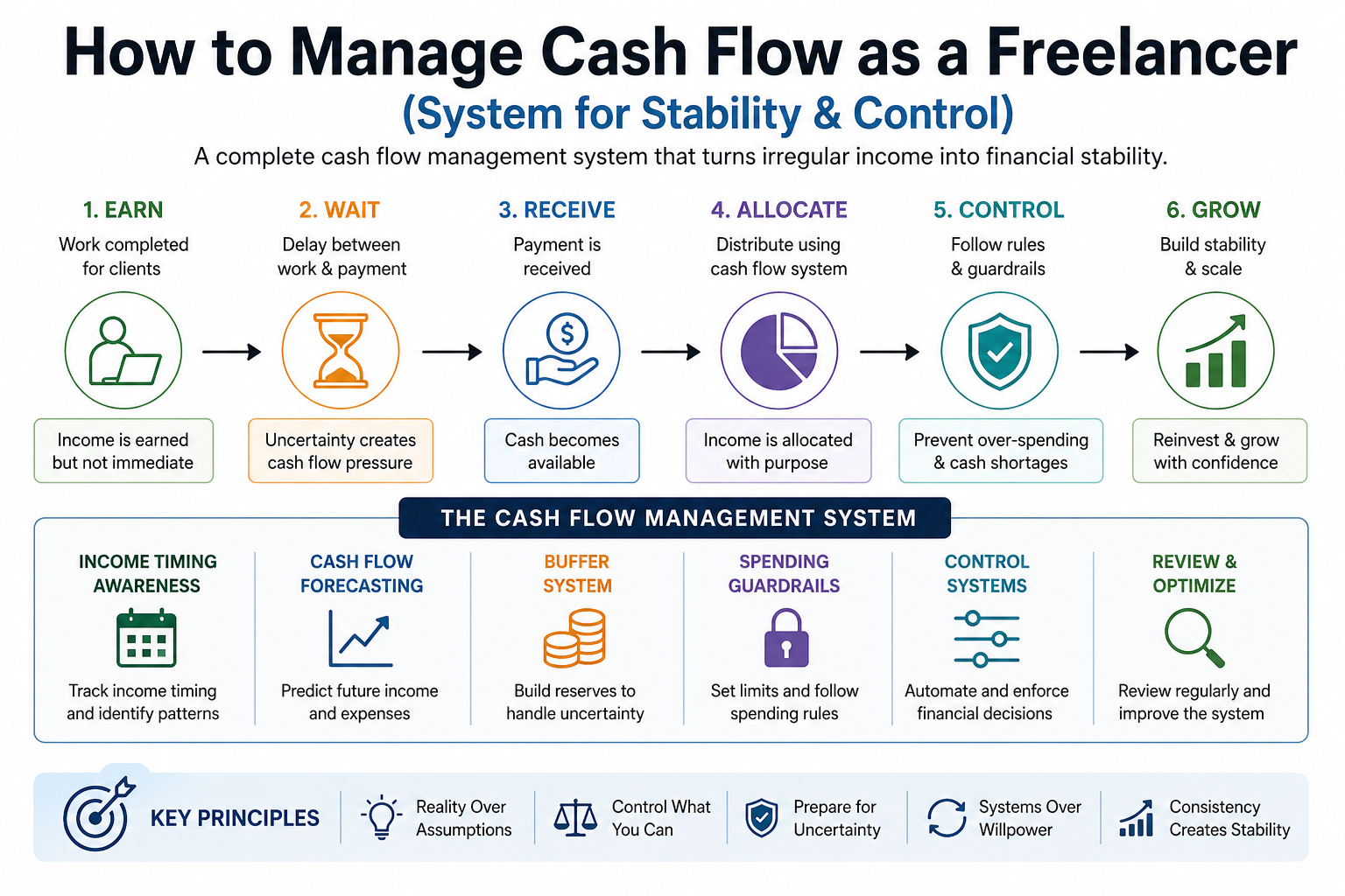 freelancer cash flow management system showing income timing, forecasting, buffers, and control layers