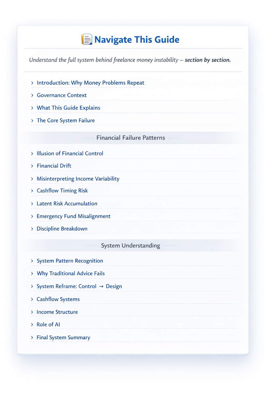 Freelancer money system failures guide navigation overview showing sections and financial patterns