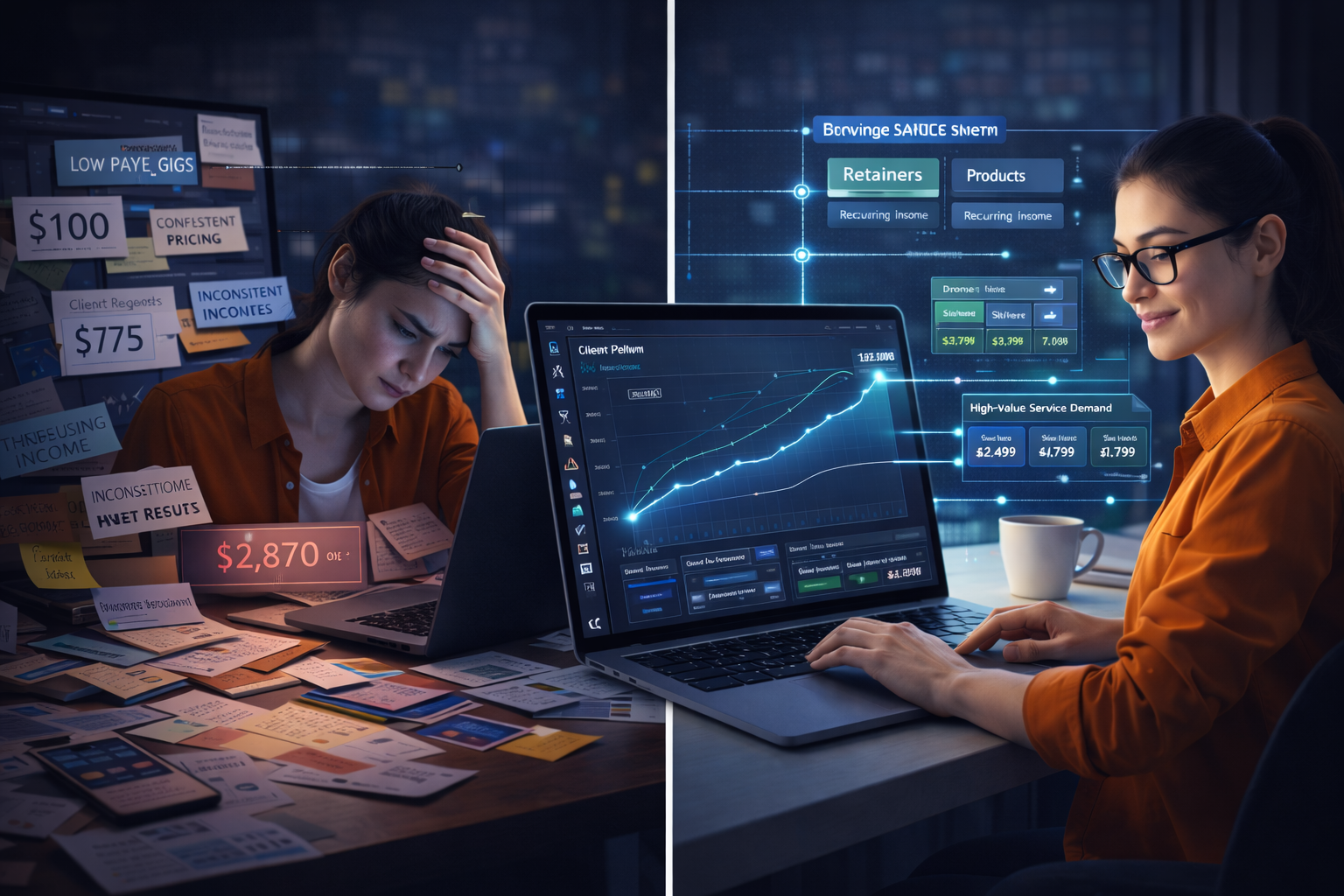 Freelancer productivity chaos vs AI system workflow showing task overload compared to structured automation and organized execution system
