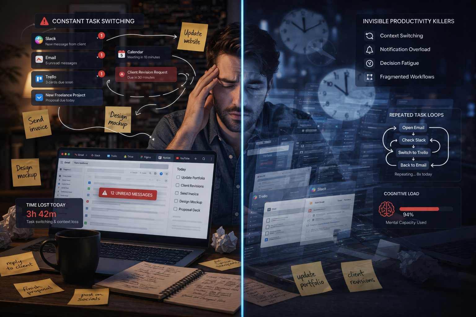 freelancer productivity problems showing execution fragmentation, cognitive overload, and workflow inefficiency