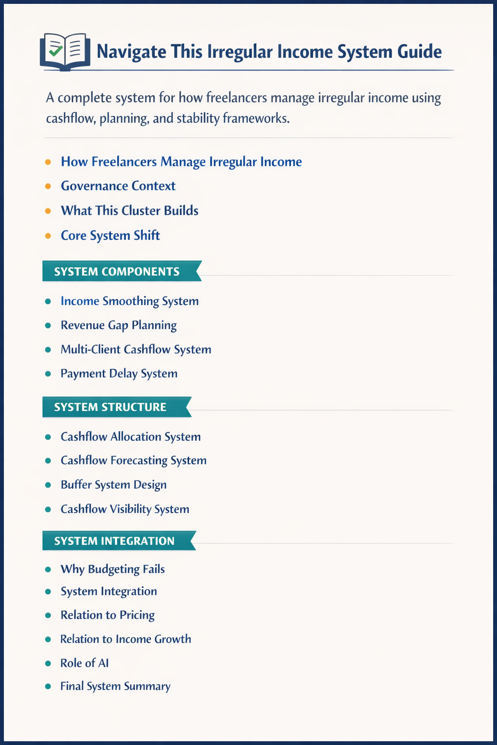Irregular income system guide showing cashflow, smoothing, planning and stability sections