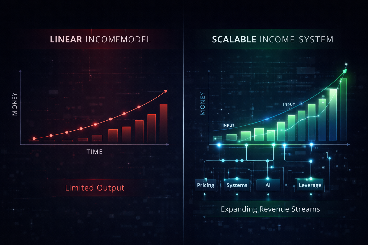 Linear vs scalable income system for freelancers showing time-based earnings compared to compounding revenue growth through pricing, systems, AI, and leverage