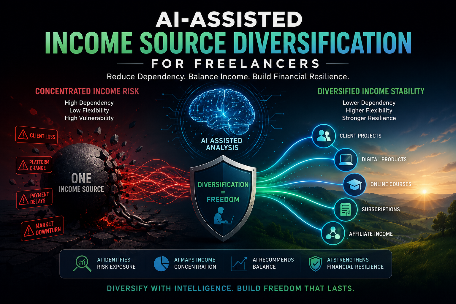AI-Assisted Income Source Diversification for freelancers showing income concentration risk, dependency exposure, diversification governance, financial resilience, and structural stability systems