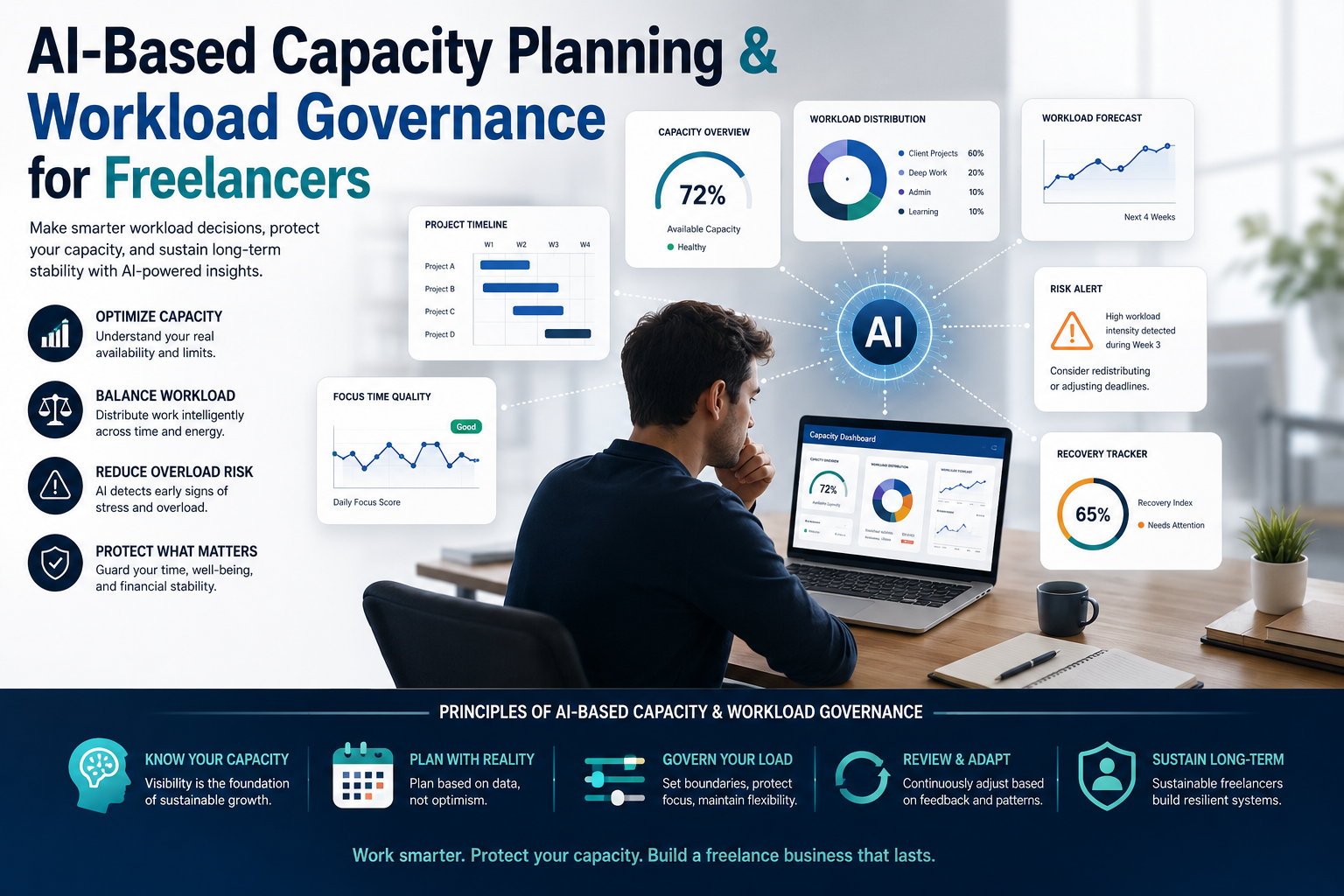 AI-Based Capacity Planning for freelancers showing workload governance, recovery management, execution stability, and operational resilience systems