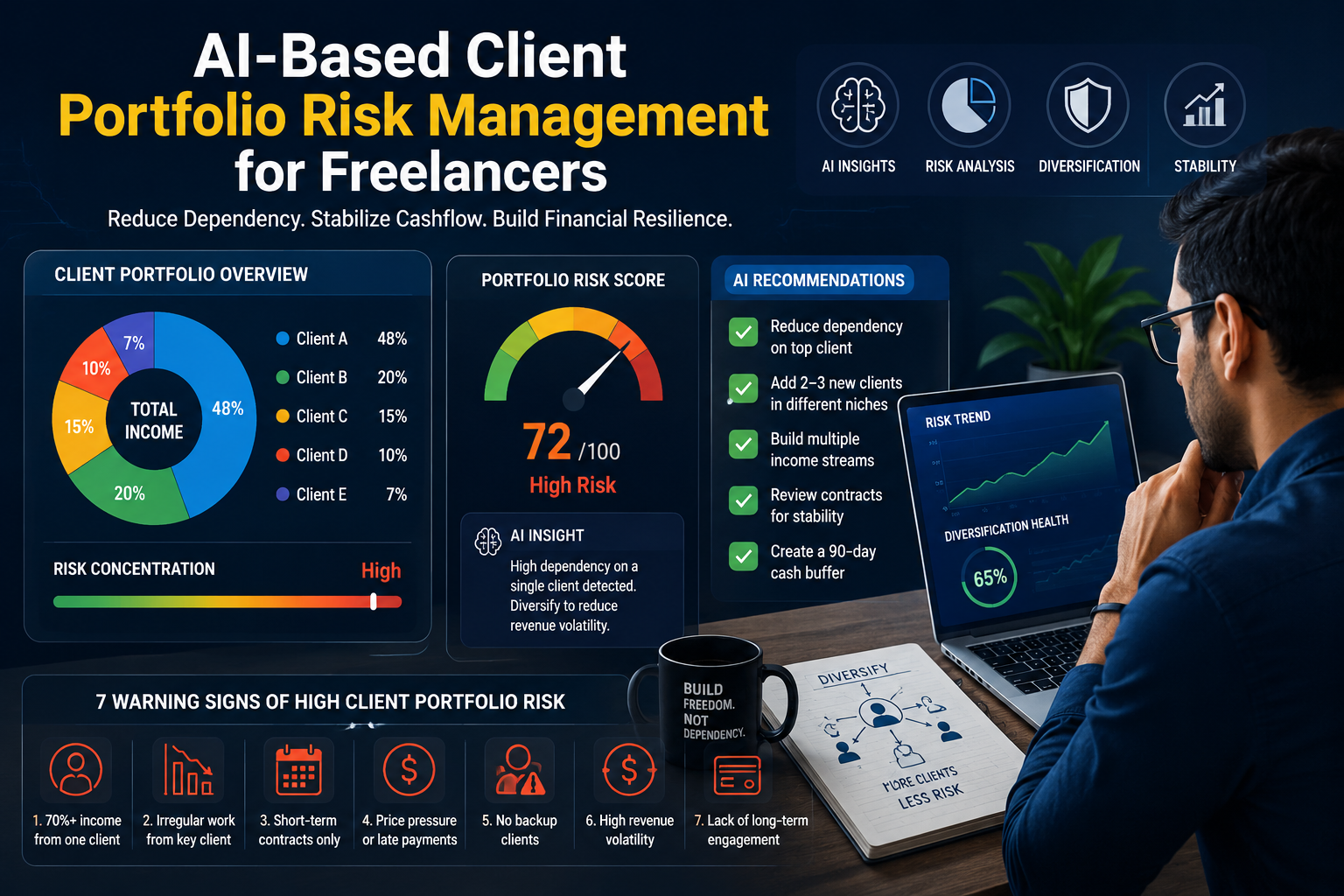 AI-Based Client Portfolio Risk for freelancers showing dependency concentration, cashflow exposure, client instability, portfolio fragility, and operational resilience systems