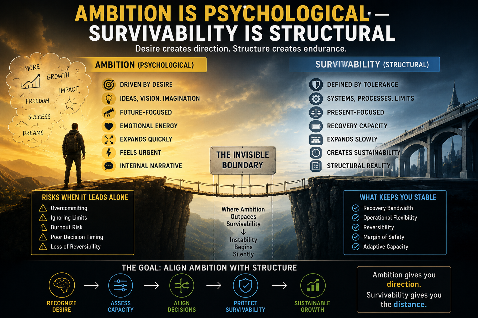 Ambition Is Psychological Survivability Is Structural infographic showing the difference between psychological growth pressure and structural freelancer survivability systems