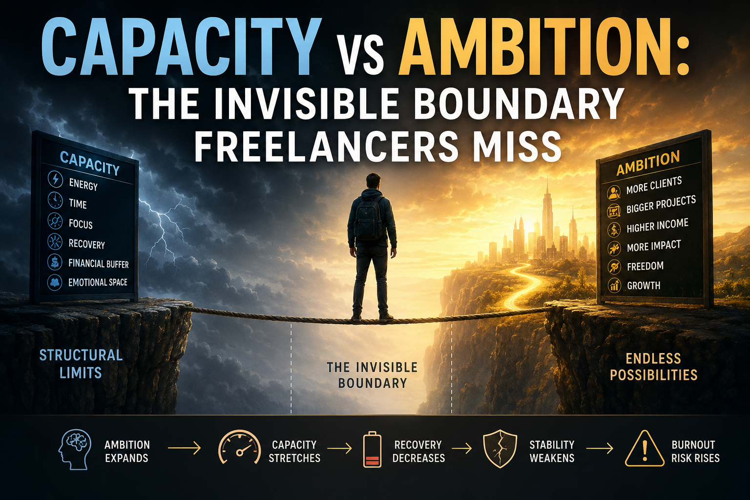 Capacity vs Ambition for freelancers showing the invisible boundary between growth ambition, operational pressure, recovery limits, and structural survivability