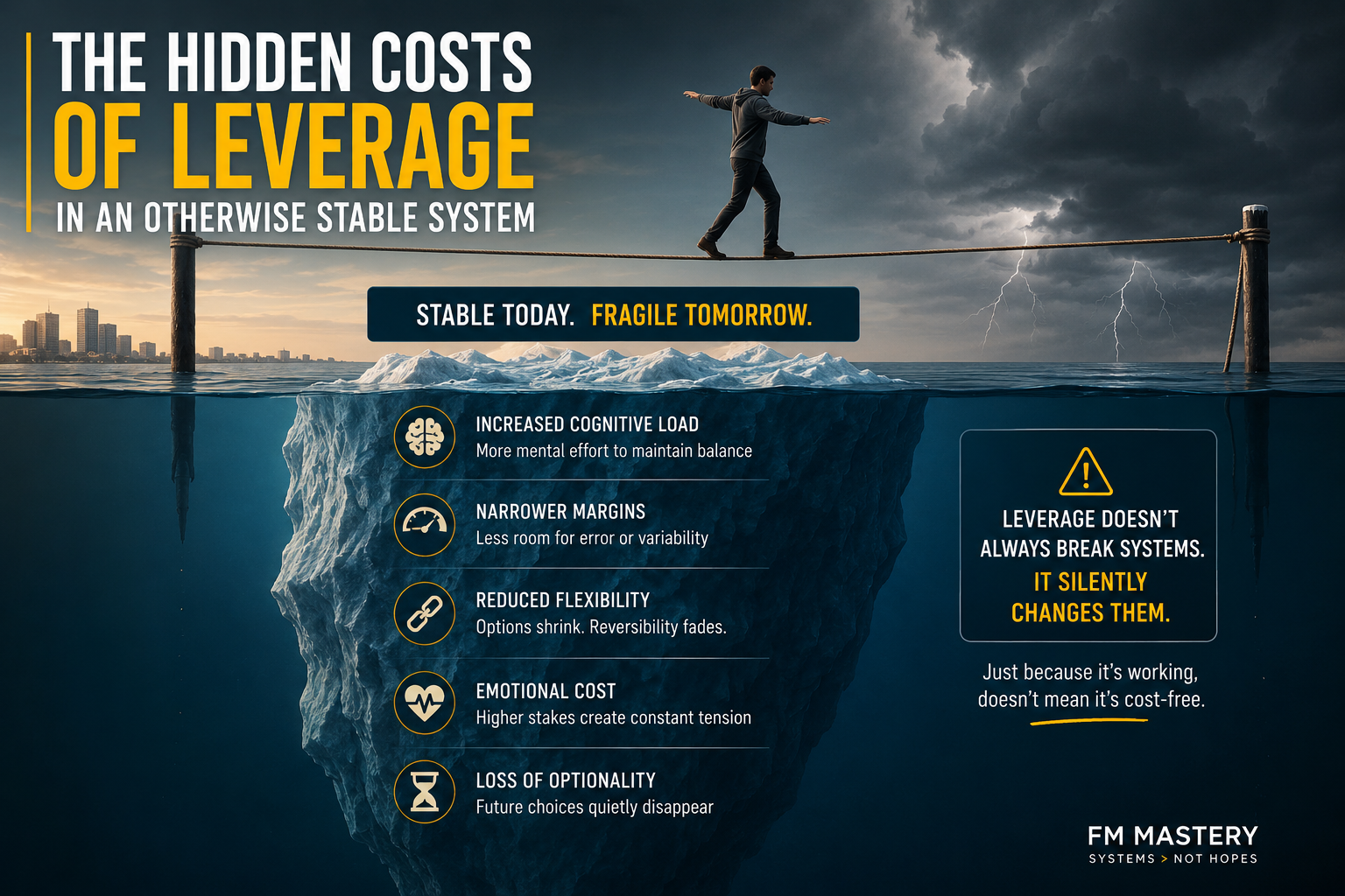 Hidden Costs of Leverage inside an otherwise stable freelancer financial system showing survivability compression, reduced flexibility, and hidden structural fragility