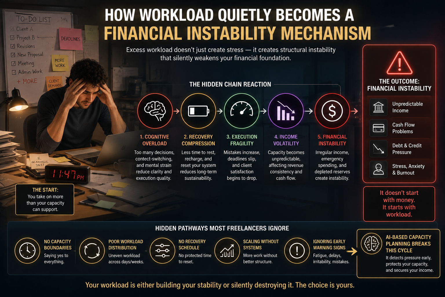 How workload quietly becomes a financial instability mechanism for freelancers through recovery compression, execution fragility, income volatility, and operational overload